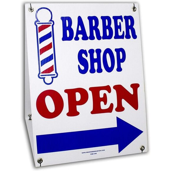 BARBER SHOP OPEN w/ Directional Left/ Right Arrow 2-Sided 18" x 24" Red and Blue